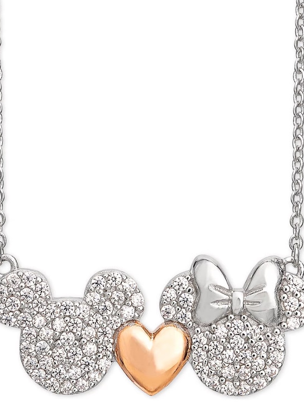 Disney Silver & Rose Mickey and Minnie Mouse  Heart Necklace
